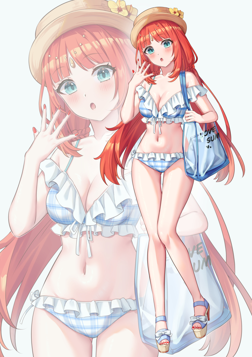 1girl :o alternate_costume bag bare_legs bikini breasts brown_hat cleavage commentary_request flower forehead_jewel full_body genshin_impact green_eyes hat hat_flower high_heels highres legs long_hair looking_at_viewer medium_breasts mikoto_(0709mikoto) navel nilou_(genshin_impact) open_mouth red_hair red_nails sandals shoulder_bag simple_background standing stomach striped_bikini striped_clothes sun_hat swimsuit thighs toes transparent_bag white_background zoom_layer