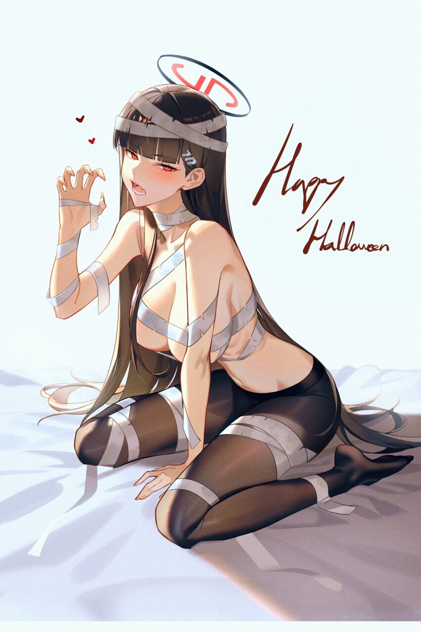 1girl absurdres bandaged_arm bandaged_head bandaged_leg bandaged_neck bandages bare_shoulders black_hair black_halo blue_archive blunt_bangs blush breasts bright_pupils claw_pose cleavage dong_(art_woodong) fang hair_ornament hairclip halo highres large_breasts long_hair looking_at_viewer multicolored_halo mummy_costume navel open_mouth pantyhose red_eyes red_halo rio_(blue_archive) sitting skin_fang solo two-tone_halo very_long_hair wariza white_pupils