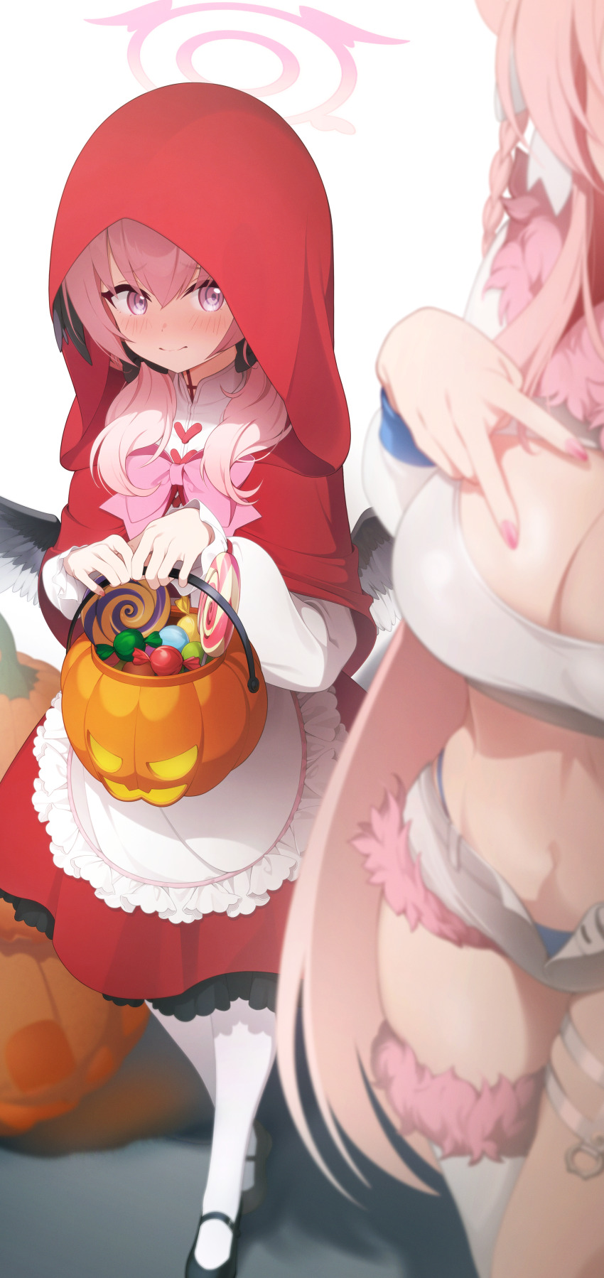 2girls absurdres alternate_costume blue_archive candy chepill food halloween halloween_bucket halloween_costume halo hanako_(blue_archive) highres koharu_(blue_archive) little_red_riding_hood_(fairy_tale) multiple_girls navel open_fly pink_hair pink_halo pumpkin red_hood
