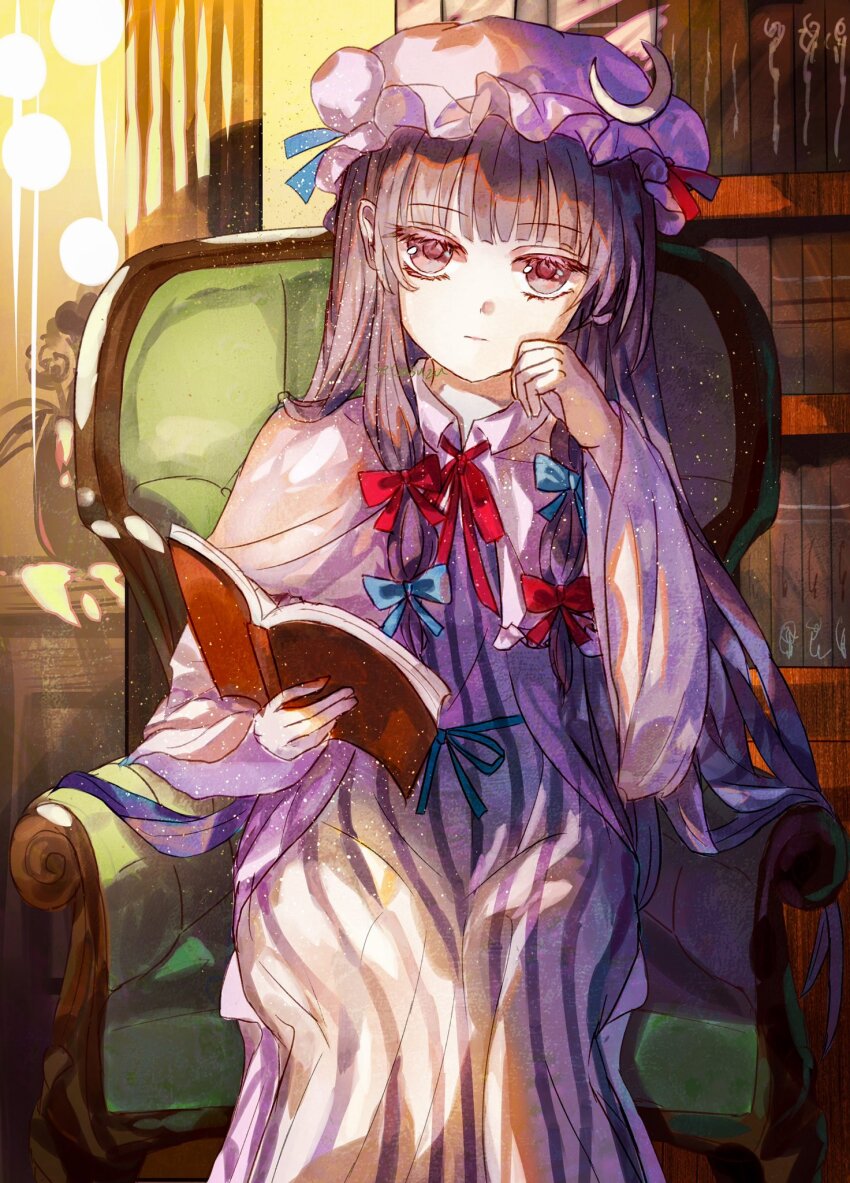 1girl book couch crescent crescent_hair_ornament crescent_hat_ornament crescent_pin dress hair_ornament hat hat_ornament highres long_hair mob_cap patchouli_day patchouli_knowledge purple_eyes purple_hair sitting solo striped_clothes striped_dress suzushina touhou vertical-striped_clothes vertical-striped_dress