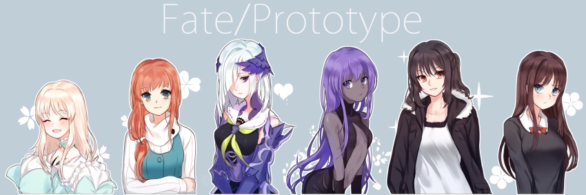 6+girls bad_id bad_pixiv_id black_hair blonde_hair blue_eyes blue_hair breasts brown_hair brynhild_(fate) character_request closed_eyes copyright_name dark-skinned_female dark_skin elsa_saijou fate/prototype fate/prototype:_fragments_of_blue_and_silver fate_(series) green_eyes hair_ornament hair_over_shoulder hassan_of_serenity_(fate) highres jacket large_breasts long_hair multiple_girls muneomon_(takomon) navel purple_eyes purple_hair red_eyes reiroukan_misaya ribbed_sweater sajou_ayaka_(fate/prototype) small_breasts sweater