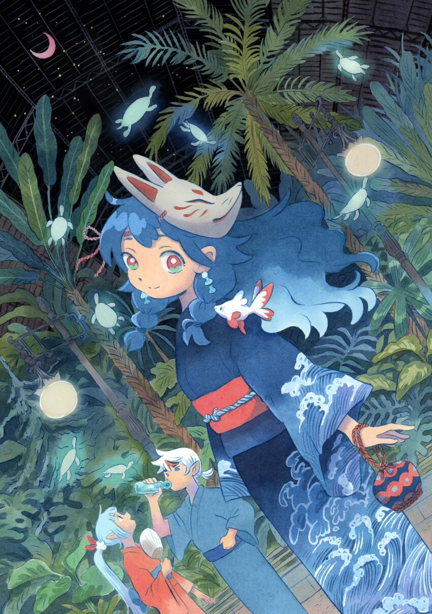 1boy 2girls blue_hair blue_kimono blue_sash braided_sidelock cowboy_shot crescent_moon dutch_angle earrings fish fox_mask hand_fan heikala highres holding holding_fan indoors japanese_clothes jewelry kimono lamppost looking_at_viewer mask mask_on_head monstera_deliciosa moon multiple_girls night obi original painting_(medium) palm_tree print_kimono red_eyes red_kimono red_sash sash star_(sky) traditional_media tree turtle watercolor_(medium) wave_print white_hair