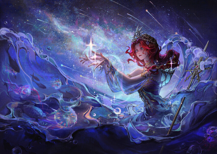1girl armlet blue_dress blue_eyes blue_gemstone blue_ribbon bracelet braid chinese_commentary closed_mouth commentary_request cowboy_shot crescent cupping_hands curtained_hair dengyuantai detached_sleeves dress flower gem glint gold_trim grace_(identity_v) grace_(weeping_goddess)_(identity_v) hair_flower hair_ornament hair_ribbon halter_dress halterneck highres holding holding_star identity_v jellyfish jewelry long_hair looking_ahead nail_polish ocean official_alternate_costume official_art outstretched_arms own_hands_together parted_bangs partially_submerged pink_nails polearm red_hair red_lips ribbon ribbon_braid see-through_clothes see-through_sleeves shooting_star single_braid sky sleeveless sleeveless_dress smile solid_eyes solo spear star_(sky) star_(symbol) starry_sky teardrop_facial_mark tiara turtle water waves wavy_hair weapon