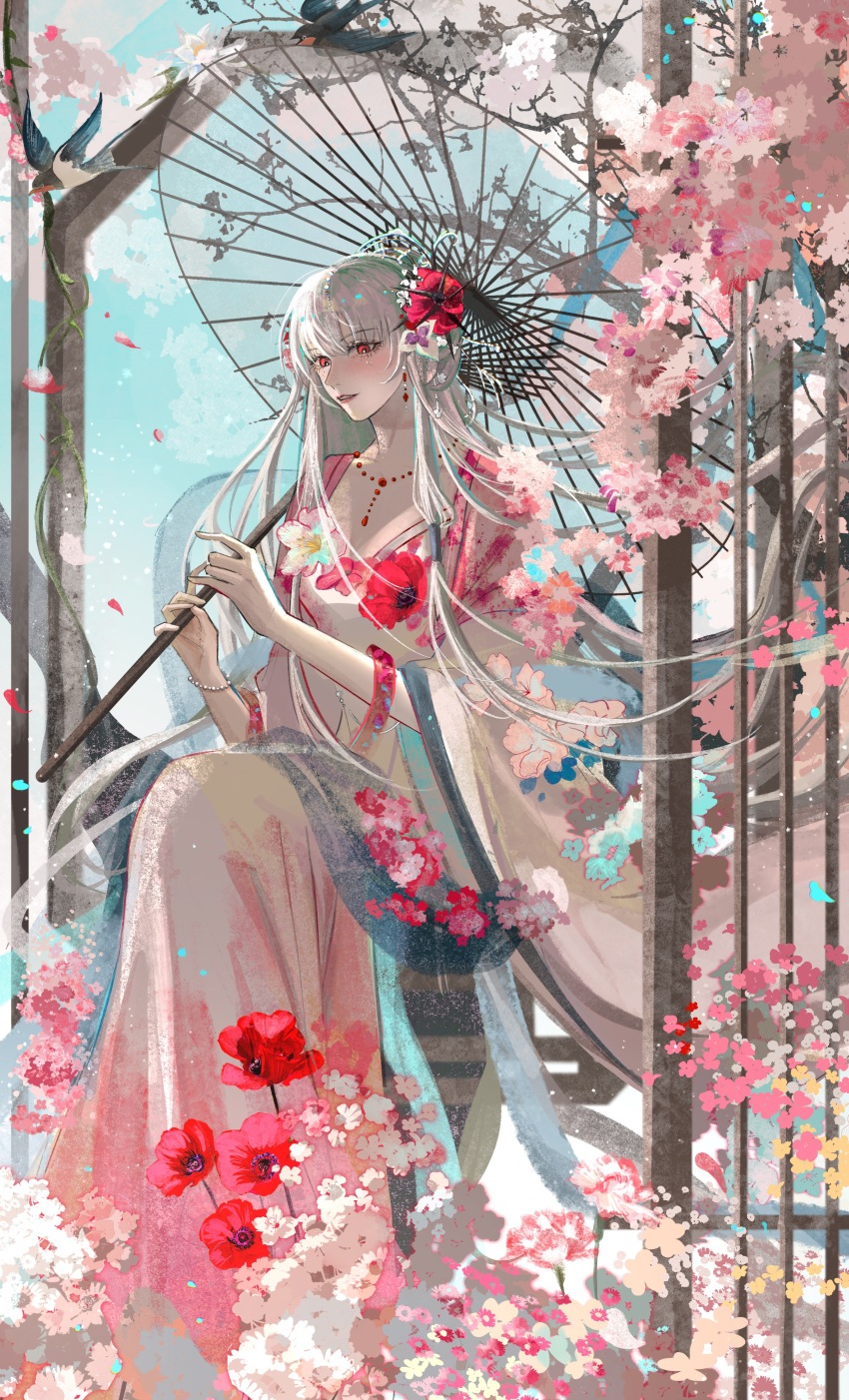 1girl absurdres alternate_costume bird bird_request blush boutonniere bracelet cherry_blossoms chinese_commentary commentary coquelic_(path_to_nowhere) dress earrings epiphyllum fang flower from_side full_body hair_flower hair_ornament highres holding holding_umbrella jewelry long_dress long_hair looking_at_viewer looking_to_the_side necklace oil-paper_umbrella pansy parted_lips path_to_nowhere pearl_bracelet pink_flower pink_shawl poppy_(flower) purple_flower purple_pansy red_eyes red_flower rousong_beizi_zzz shawl sitting solo teardrop_facial_mark thorns transparent transparent_umbrella umbrella white_dress white_hair wide_sleeves