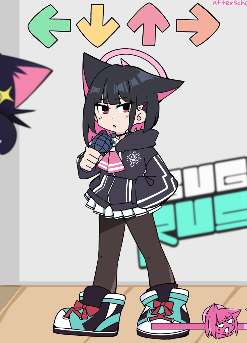 1girl :o absurdres animal_ears arrow_(symbol) black_jacket black_pantyhose blue_archive blue_shoes cat_ears cat_girl colored_inner_hair extra_ears friday_night_funkin&#039; futagoma hair_ornament hairclip halo hand_in_pocket hand_up highres holding holding_microphone hood hood_down hooded_jacket jacket kazusa_(blue_archive) looking_at_viewer medium_hair microphone miniskirt multicolored_hair neckerchief pantyhose parted_lips pink_halo pink_neckerchief pleated_skirt red_eyes shoes skirt sneakers solo standing white_skirt