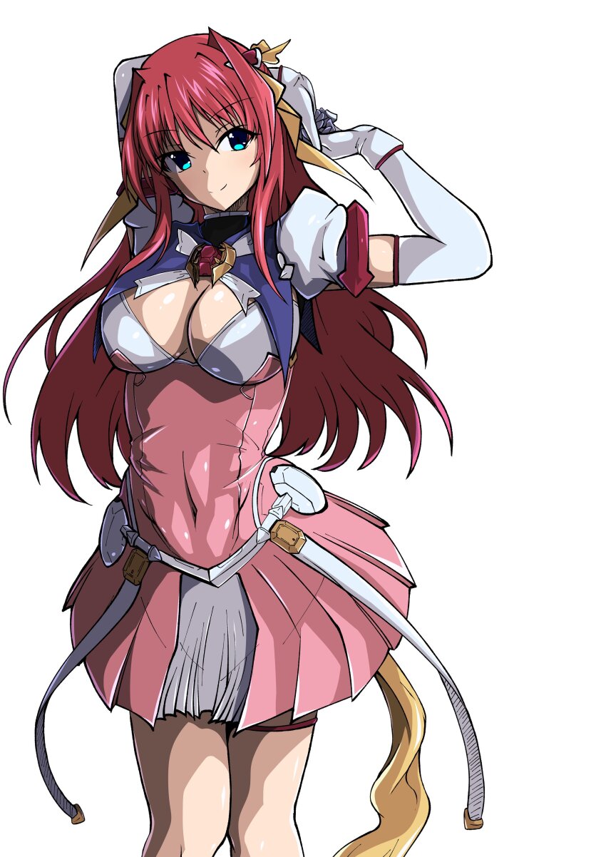 1girl absurdres aoi_tabane arms_up blue_eyes breasts choukou_(alicesoft) choukou_tenshi_escalayer cleavage cleavage_cutout closed_mouth clothing_cutout covered_navel dress elbow_gloves escalayer gloves hair_intakes highres kouenji_sayuka large_breasts long_hair looking_at_viewer magical_girl pink_dress red_hair simple_background smile solo standing tail white_background white_gloves