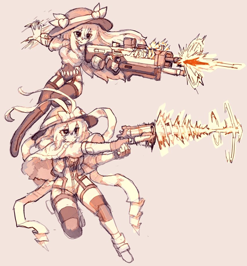 2girls absurdres adapted_costume bodysuit bow bullpup capelet drum_magazine firing gun handgun hashtag-only_commentary hat hat_bow highres hinanawi_tenshi holding holding_gun holding_weapon long_gun magazine_(weapon) monochrome multiple_girls nagae_iku peach_hat_ornament rampa93 revolver scarf simple_background thighhighs touhou two-handed_handgun_grip weapon