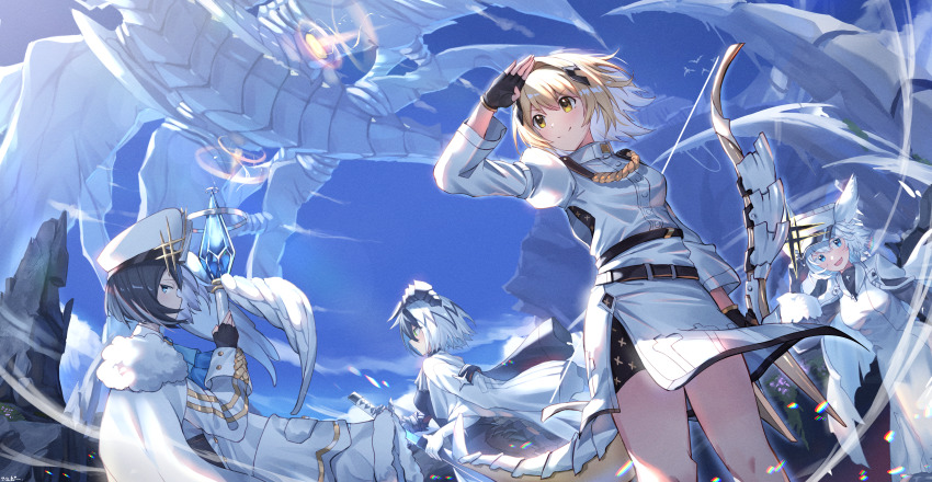 4girls absurdres alchemy_stars animal_ears artist_name belt black_gloves black_hair blonde_hair bow_(weapon) breasts cape fingerless_gloves gloves hair_ornament hand_on_headwear hat highres holding holding_staff horns jacket jeze long_sleeves looking_afar looking_at_viewer medium_breasts multicolored_hair multiple_girls outdoors puffy_long_sleeves puffy_sleeves rock shading_eyes sharona_(alchemy_stars) short_hair sideways_glance smile soroz_(alchemy_stars) split_mouth staff sword two-tone_hair vice_(alchemy_stars) weapon white_hair white_headwear white_jacket wind yellow_eyes zoya_(alchemy_stars)