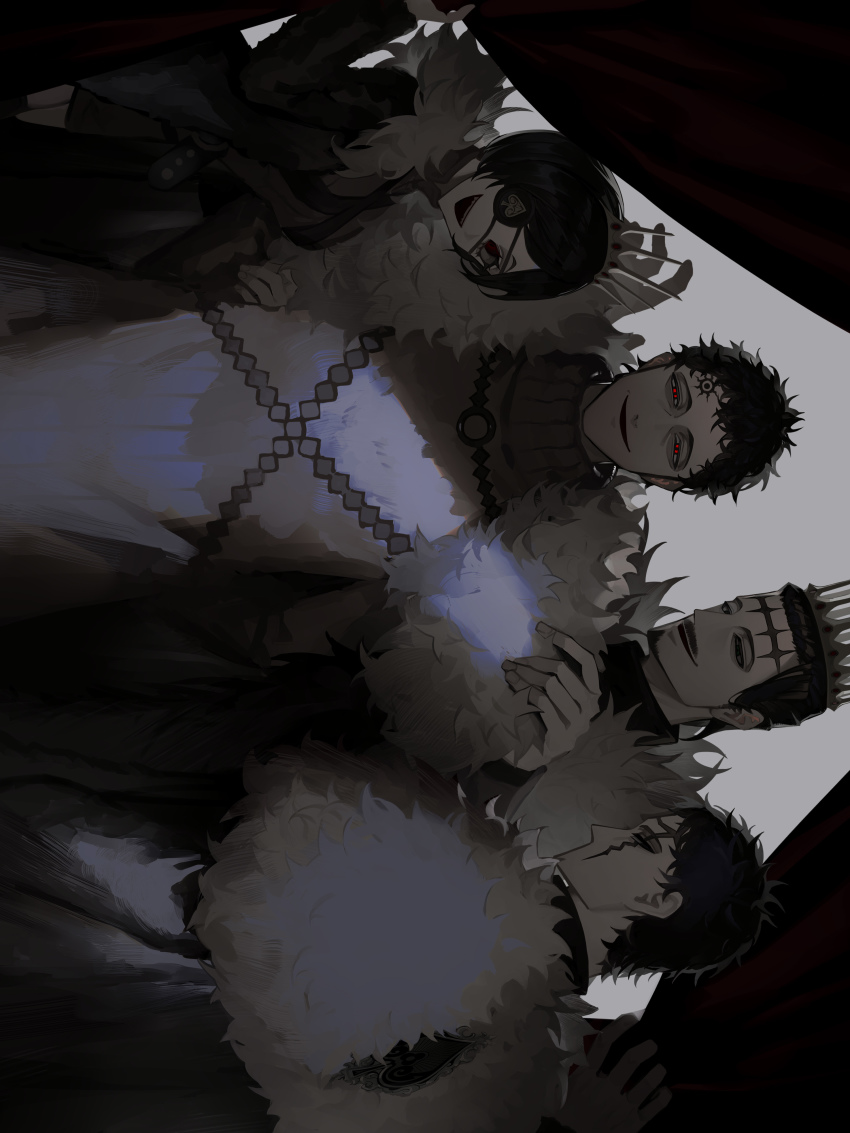 1girl 3boys absurdres black_clover dante_zogratis frit_2 fur greyscale highres lucius_zogratis monochrome multiple_boys red_eyes siblings vanica_zogratis zenon_zogratis