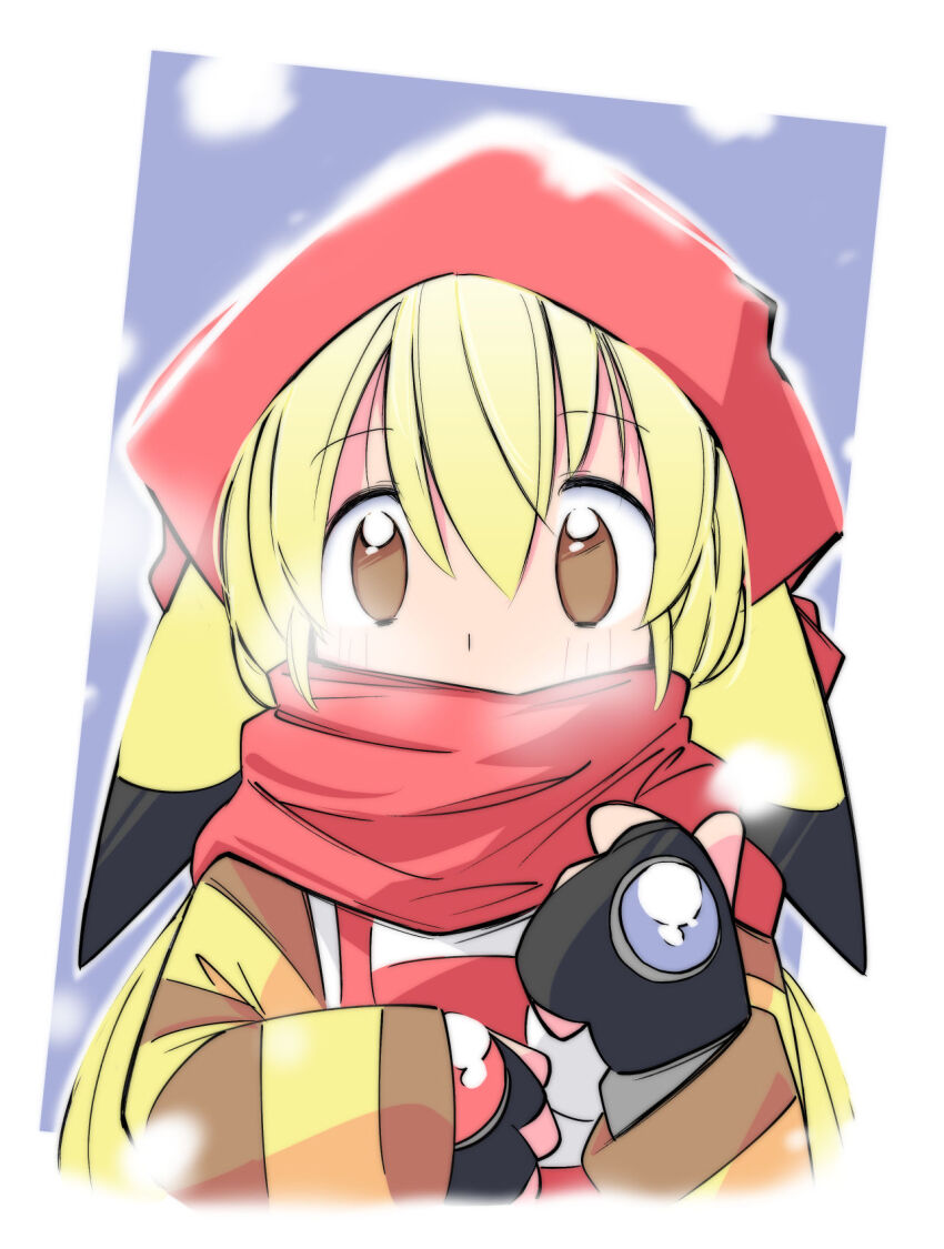 1girl blush border brown_eyes gen_1_pokemon hair_between_eyes headscarf highres long_sleeves looking_at_viewer nintendo personification pikachu pokemon rascal_(feuille) red_headscarf red_scarf scarf scarf_over_mouth short_hair solo upper_body white_border