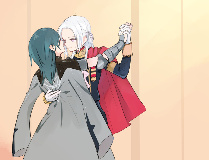 2girls arm_around_waist armor blue_hair female_byleth_(fire_emblem) cape dark_blue_hair edelgard_von_hresvelg fire_emblem fire_emblem:_three_houses gloves hair_ribbon knightym22 long_hair multiple_girls nintendo purple_eyes red_cape ribbon short_hair silver_hair yuri