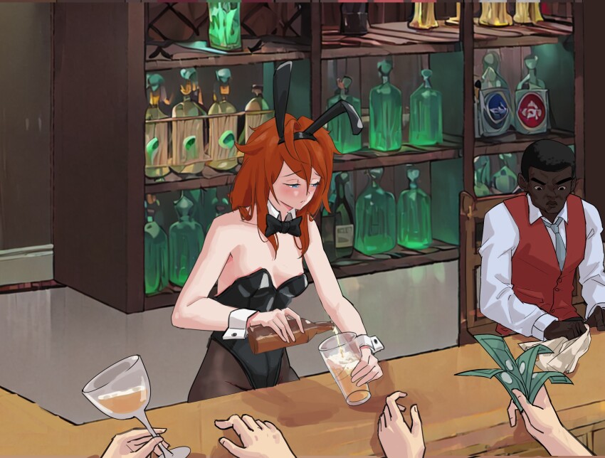 1boy 1girl alcohol bar bartender beer black_hair black_leotard blanca:_a_broke_girl_in_the_slums blanca_(blanca) blue_eyes booze breasts drink duskcraft embarrassed glass_cup highres leotard long_hair pantyhose playboy_bunny rabbit_ears red_hair small_breasts strapless strapless_leotard
