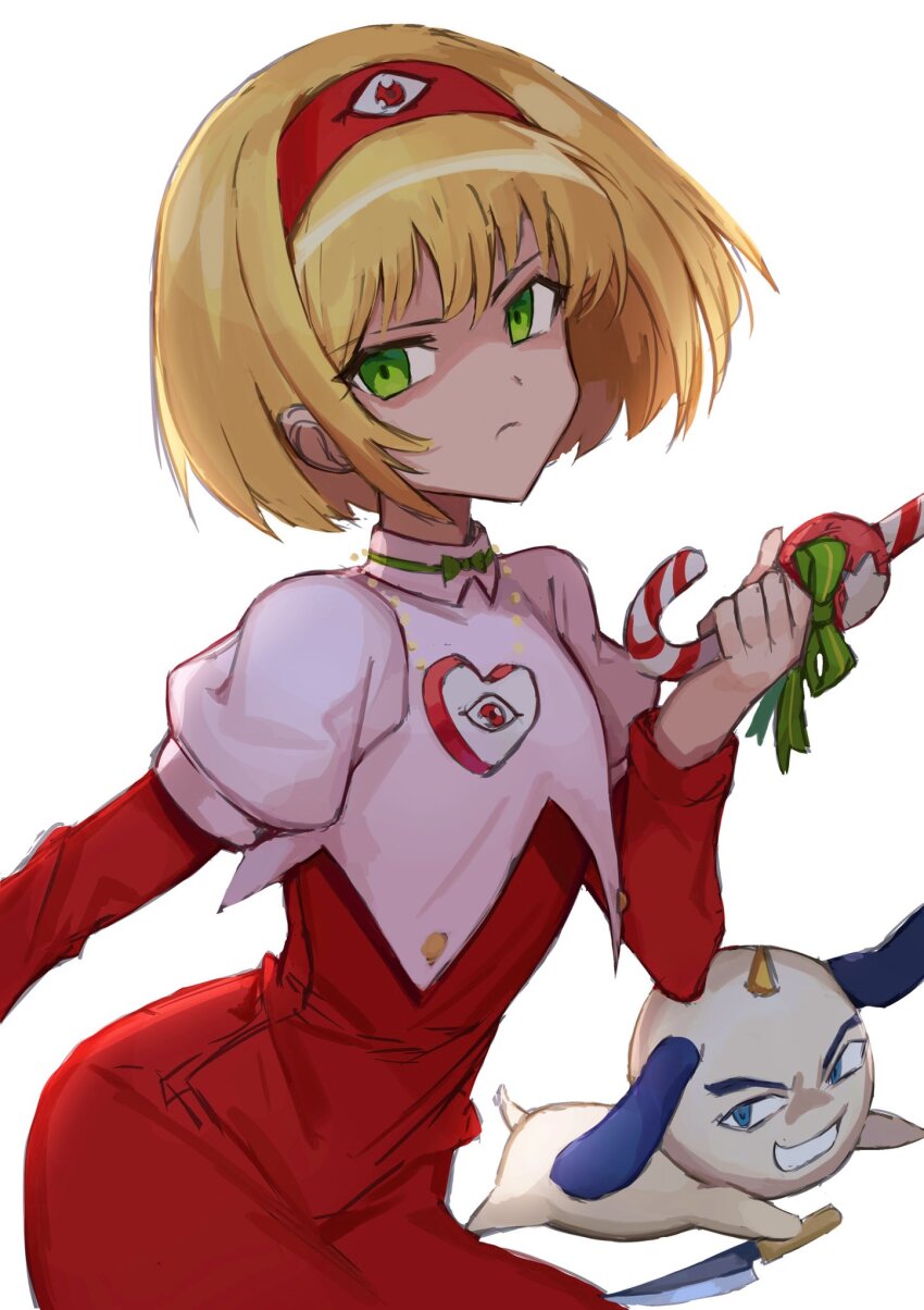 1girl blonde_hair candy candy_cane dai_mahou_touge food green_eyes highres holding holding_candy holding_candy_cane holding_food juliet_sleeves long_sleeves looking_at_viewer medium_hair nasubin_(nasubisamurai15) paya-tan puffy_sleeves tanaka_punie