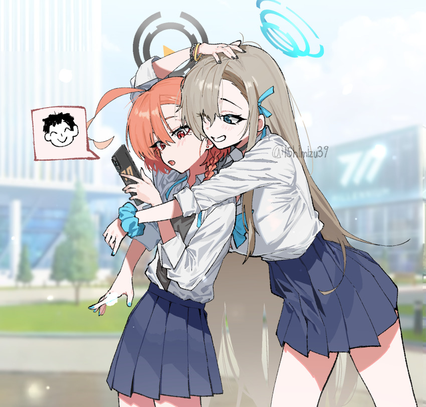2girls asuna_(blue_archive) asuna_(school_uniform)_(blue_archive) black_nails black_shirt blonde_hair blue_archive blue_eyes blue_nails blue_scrunchie blue_skirt blush cellphone doodle_sensei_(blue_archive) from_side grin hair_between_eyes hair_over_one_eye hand_on_another&#039;s_head highres holding holding_phone hug hug_from_behind jjigong_chigon long_hair multiple_girls neru_(blue_archive) neru_(school_uniform)_(blue_archive) official_alternate_costume open_mouth phone red_eyes red_hair scrunchie sensei_(blue_archive) shirt sidelocks skirt smartphone smile white_shirt wrist_scrunchie