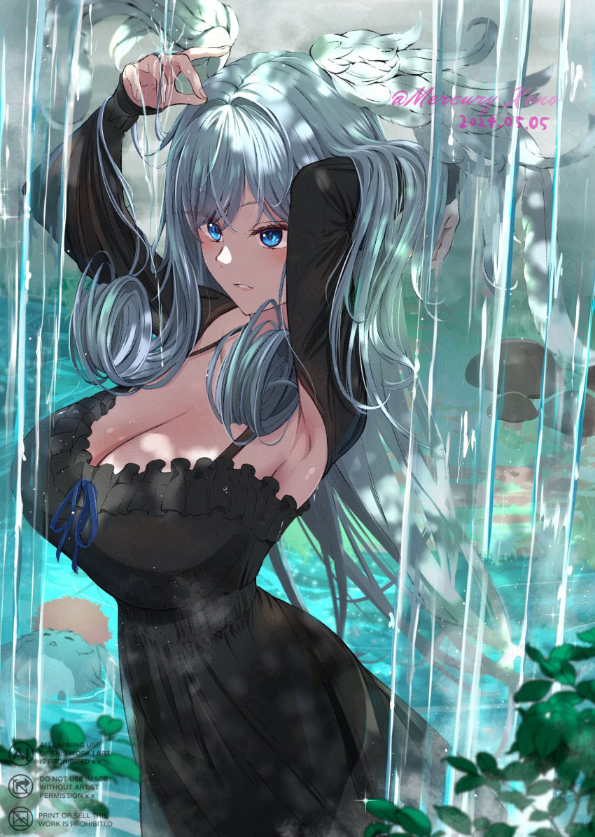 1boy 1girl armpits blue_eyes blush breasts dress head_wings highres large_breasts long_hair looking_at_viewer melia_antiqua mercury_xeno nopon riku_(xenoblade) water wings xenoblade_chronicles_(series) xenoblade_chronicles_1 xenoblade_chronicles_3