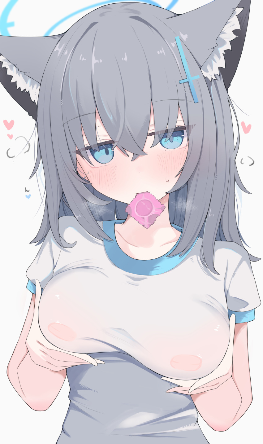 1girl absurdres animal_ear_fluff animal_ears blue_archive blue_eyes blue_halo blush breasts closed_mouth collarbone commentary condom condom_in_mouth condom_wrapper grabbing_own_breast grey_hair hair_between_eyes halo hands_up highres large_breasts long_hair looking_at_viewer mouth_hold nui_(nuinui0300) see-through_clothes see-through_shirt shiroko_(blue_archive) shirt simple_background solo upper_body variant_set white_background white_shirt wolf_ears