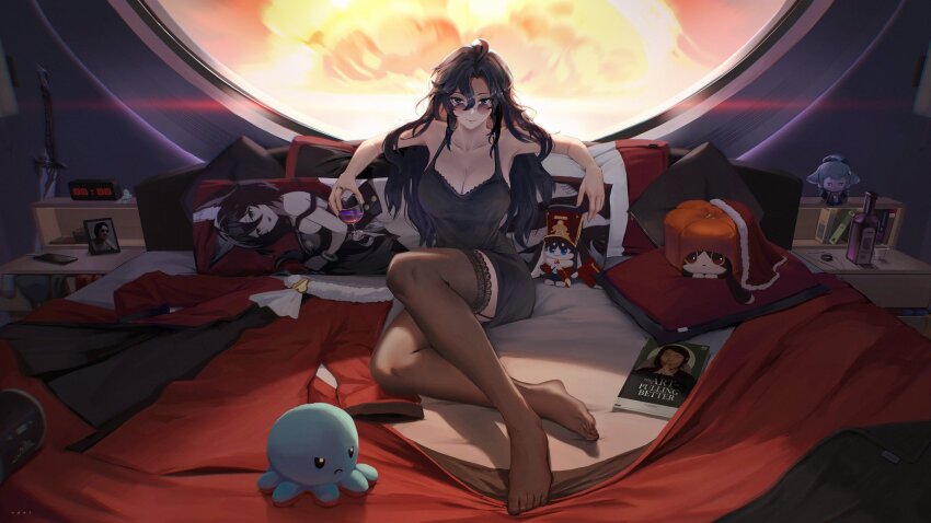 1girl ahoge bed bed_sheet bedroom black_dress black_hair bloom body_pillow book bottle bra_strap breasts brown_thighhighs cabinet cellphone character_request charging_device cleavage clock closed_mouth collarbone commentary critter_pick_(honkai:_star_rail) cup curtained_hair digital_clock drawer dress drinking_glass english_commentary explosion fur-trimmed_robe fur_trim garter_straps genderswap genderswap_(mtf) glasses hair_between_eyes highres holding holding_cup huge_breasts indoors jewelry knee_up lace lace-trimmed_thighhighs lace_trim lens_flare long_bangs looking_at_viewer mole mole_on_cheek mrpokke ndelsonnn necklace nightstand nuclear_explosion on_bed phone photo_(object) picture_frame pillow pom-pom_(honkai:_star_rail) purple_eyes rabbit real_life red_robe ring robe round_eyewear round_window see-through_clothes see-through_thighhighs sitting sleeveless sleeveless_dress smartphone smile solo stuffed_animal stuffed_toy sunglasses sword thighhighs tingyun_(honkai:_star_rail) unworn_clothes unworn_jewelry unworn_necklace unworn_ring unworn_robe weapon window wine_glass