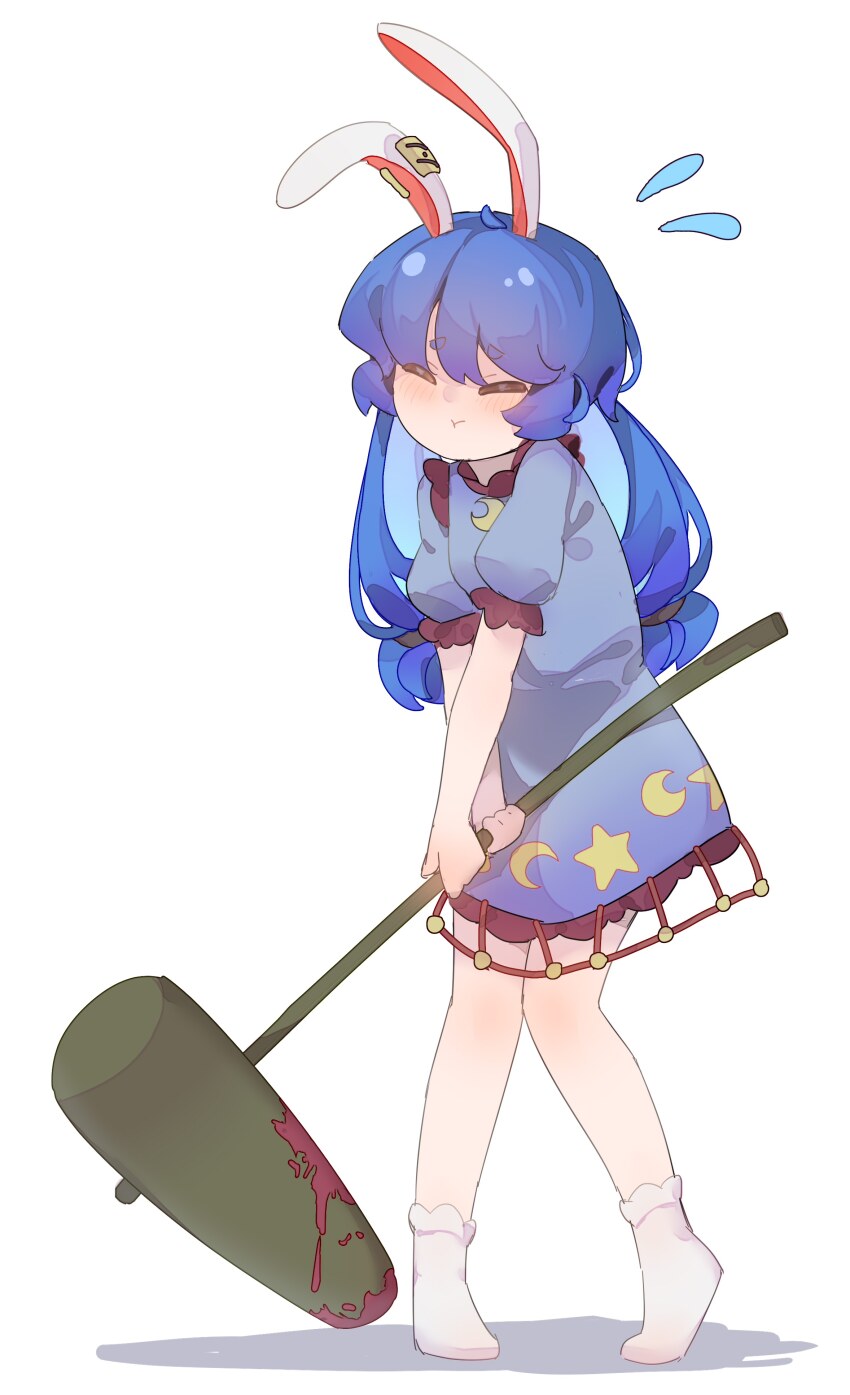 1girl absurdres ambiguous_red_liquid animal_ears blue_dress blue_hair closed_eyes closed_mouth crescent_print dress earclip flying_sweatdrops gumingdi_ban highres holding holding_mallet long_hair mallet puffy_short_sleeves puffy_sleeves rabbit_ears seiran_(touhou) short_sleeves simple_background socks touhou twintails white_background white_socks