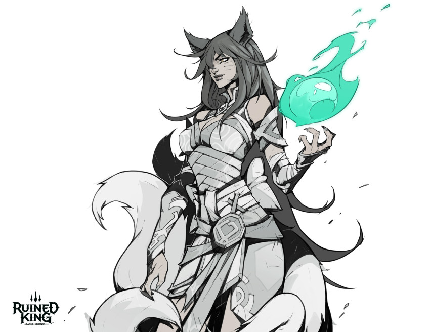 1girl ahri_(league_of_legends) animal_ears bare_shoulders breasts cleavage detached_sleeves energy_ball facial_mark fingernails floating fox_ears fox_girl fox_tail hair_over_one_eye hand_up hicham_habchi highres large_breasts league_of_legends long_fingernails long_hair long_sleeves magic multiple_tails official_alternate_costume official_art orb ruined_king:_a_league_of_legends_story smile spot_color tail whisker_markings white_background