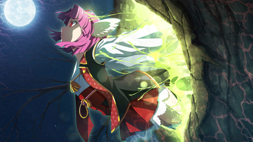 1girl angel_wings bare_tree black_haori from_side full_moon game_cg hakama hakama_skirt haori head_wings highres higurashi_no_naku_koro_ni higurashi_no_naku_koro_ni_mei japanese_clothes kimono long_hair mini_wings moon night non-web_source obi official_art outdoors pink_hair red_eyes red_hakama red_sash sash short_hair skirt solo tamurahime_no_mikoto tree white_kimono white_wings wings