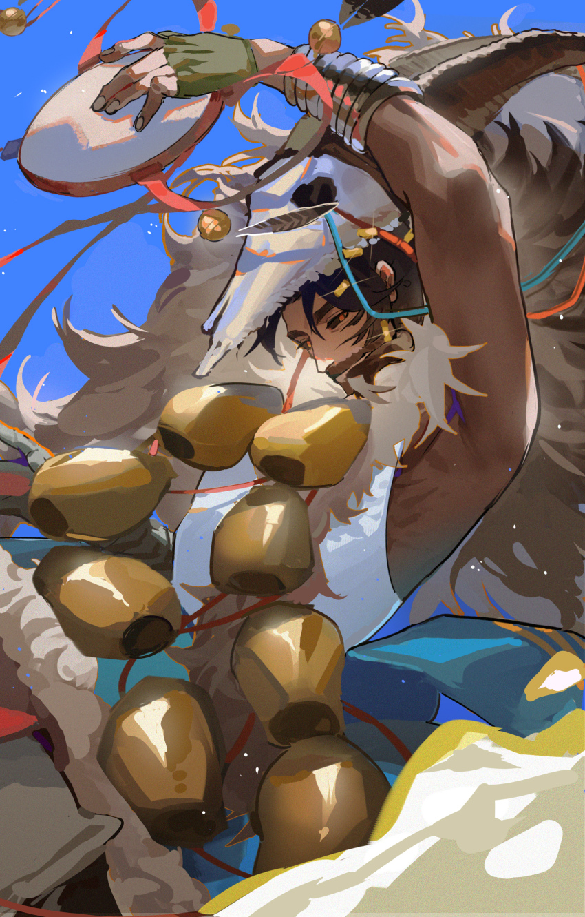 1boy absurdres akarinchan animal_skull arm_up armpits beard bell black_sclera blue_background bracelet brown_hair closed_mouth colored_sclera dark-skinned_male dark_skin facial_hair from_side highres holding holding_instrument instrument jewelry long_hair male_focus mask mask_on_head mature_male mustache reverse:1999 shaman shamane skull_mask smile solo tank_top very_long_hair white_tank_top yellow_eyes