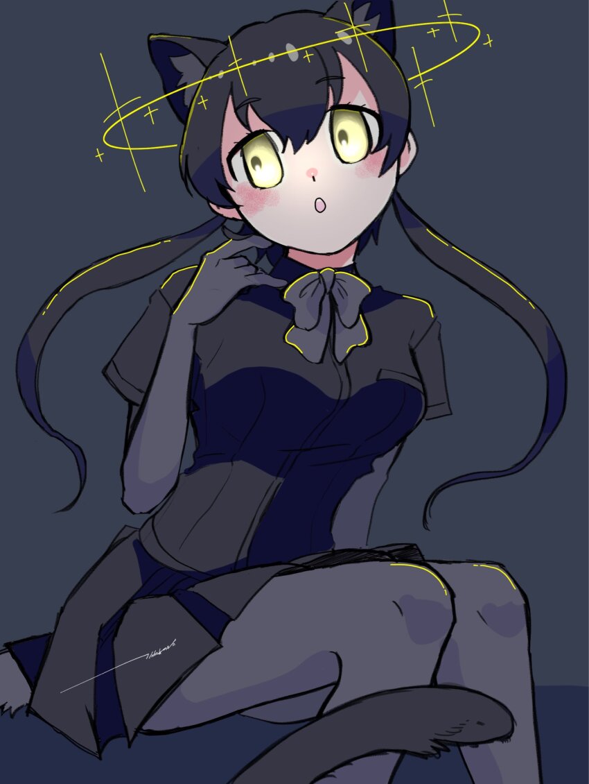 1girl animal_ears black_bow black_bowtie black_gloves black_hair black_leopard_(kemono_friends) black_pantyhose black_shirt black_skirt blush bow bowtie collared_shirt elbow_gloves extra_ears gd_ilyo gloves glowing glowing_eyes hair_between_eyes halo highres kemono_friends leopard_ears leopard_girl leopard_tail long_hair pantyhose pleated_skirt shirt short_sleeves sidelocks sitting skirt solo t-shirt tail twintails yellow_eyes