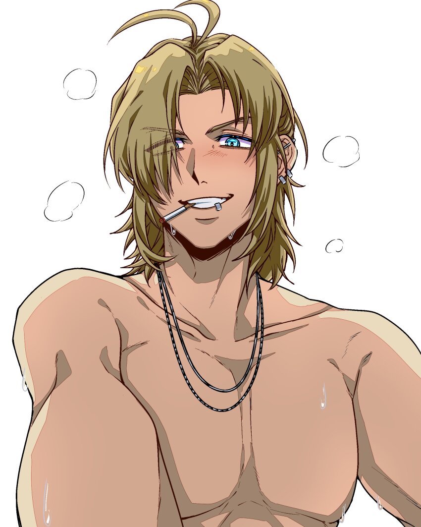 1boy absurdres blonde_hair blue_eyes cigarette degrees_of_lewdity earrings highres jewelry lip_piercing looking_at_viewer necklace no_nipples piercing simple_background smoking solo upper_body white_background whitney_(degrees_of_lewdity) whitney_(male)_(degrees_of_lewdity) yuzukiyo