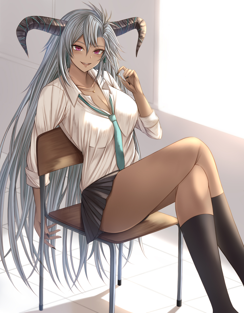 1girl alternate_costume black_horns black_nails black_skirt black_socks blue_necktie breasts chair cleavage collarbone commentary_request crossed_legs curled_horns dark-skinned_female dark_skin draph fangs fediel_(granblue_fantasy) granblue_fantasy grey_hair highres horns jewelry kanpyou_(hghgkenfany) large_breasts long_hair looking_at_viewer loose_necktie messy_hair miniskirt nail_polish necklace necktie on_chair purple_eyes school_uniform shirt sitting skirt smile socks solo very_long_hair white_shirt