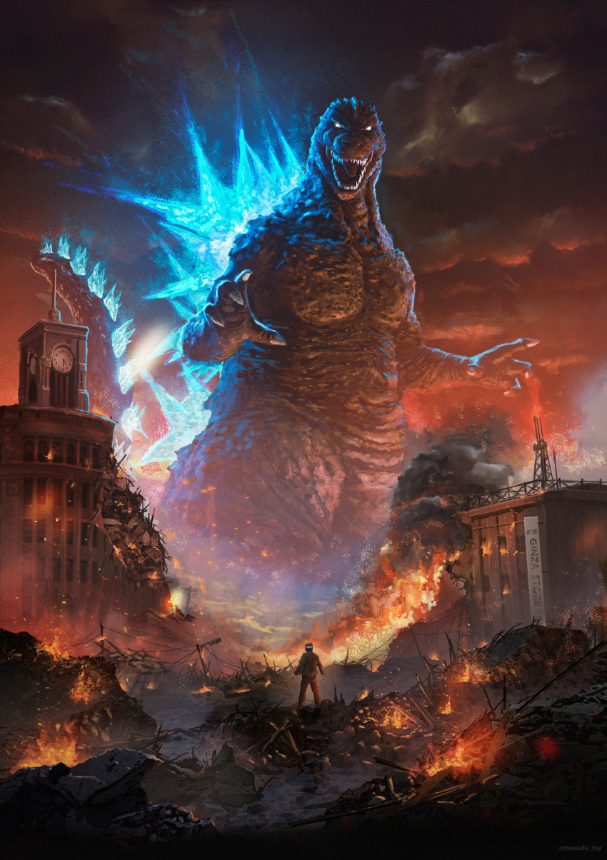 1boy absurdres bandages building claws clock clock_tower cloud debris destruction dinosaur embers energy english_text epic fire giant giant_monster glowing glowing_eyes glowing_spikes godzilla godzilla_(series) godzilla_minus_one highres kaiju looking_at_viewer looking_down masashi_toy monster no_pupils open_mouth overcast power_lines real_world_location rubble sharp_teeth shikishima_koichi sign signature sky smoke spikes tail teeth toho tokyo_(city) tongue tower wako_(department_store) wako_clock_tower white_eyes