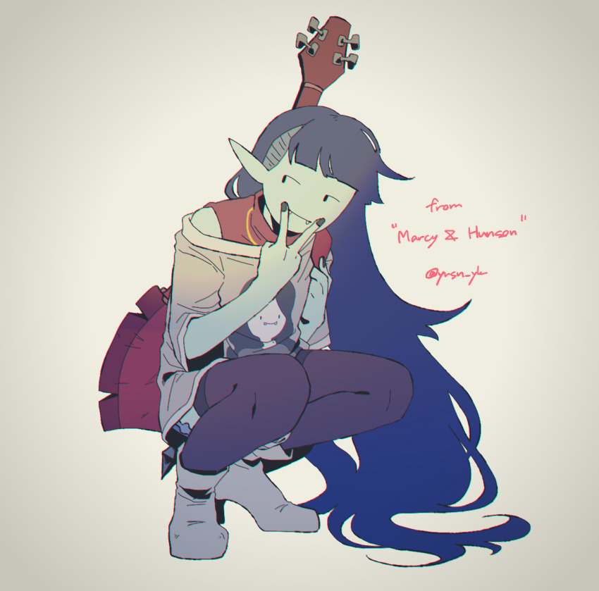 1girl adventure_time artist_name ax_bass axe_guitar bass_guitar black_nails character_name colored_skin commentary fangs grey_skin highres instrument instrument_on_back long_hair long_pointy_ears marceline_abadeer pointy_ears raya_(uk_0128) solo vampire