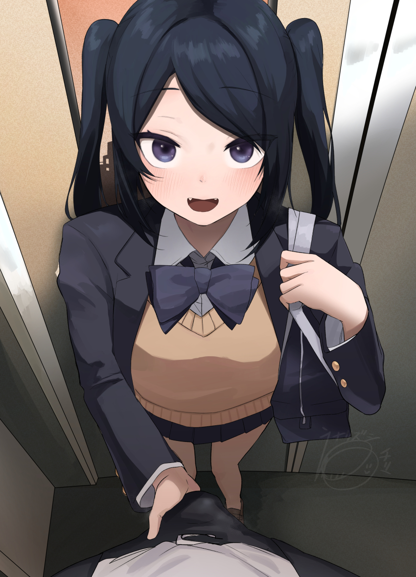 1boy 1girl :d absurdres bag belt black_hair black_skirt blazer blush bow bowtie brother_and_sister bulge commentary crotch_grab donkichikin fangs hetero highres inseki jacket loafers long_hair looking_at_viewer open_mouth original paid_reward_available pleated_skirt pov purple_eyes school_bag school_uniform shoes siblings skirt smile twintails