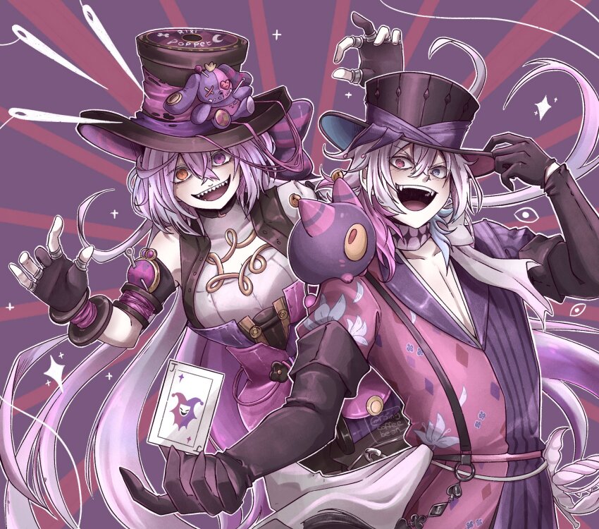 1boy 1girl black_gloves blue_eyes blue_hair card coat commentary creature creature_on_shoulder diamond_choker english_commentary floral_print gavis_bettel gavis_bettel_(1st_costume) gloves grey_hair hair_between_eyes hands_up hat heterochromia highres holostars holostars_english idol_corp jewelry joker_(playing_card) lily_print long_hair looking_at_viewer medium_hair multicolored_coat multicolored_hair on_shoulder open_mouth orange_eyes pale_skin phantom_(gavis_bettel) pink_eyes pink_hair playing_card purple_eyes rainycoffeebean riki_poppet scarf sharp_teeth sleeveless striped_coat teeth top_hat upper_body upper_teeth_only vertical-striped_coat very_long_hair virtual_youtuber white_scarf