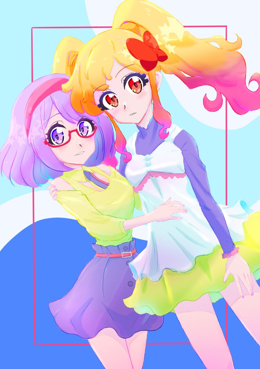 2girls absurdres aikatsu!_(series) aikatsu_stars! blonde_hair bow breasts dress glasses gradient_hair hair_bow hair_ribbon hairband highres hug multicolored_hair multiple_girls nail_polish nanakura_koharu nijino_yume odyk_p orange_eyes purple_eyes purple_hair ribbon skirt small_breasts