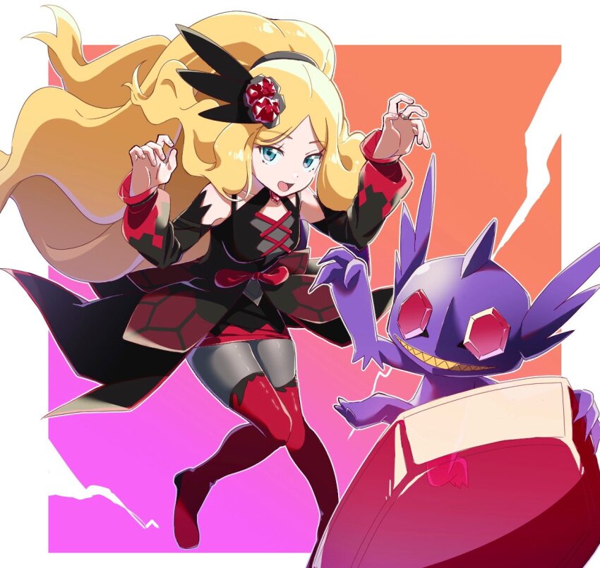 1girl arms_up black_dress blonde_hair blue_eyes boots caitlin_(fall_2021)_(pokemon) caitlin_(pokemon) detached_sleeves dress full_body gem gen_3_pokemon hair_ornament jewelry ko_izumi_hida long_hair looking_at_viewer mega_pokemon mega_sableye nintendo official_alternate_costume open_mouth pokemon pokemon_masters_ex ponytail ring sableye thigh_boots very_long_hair