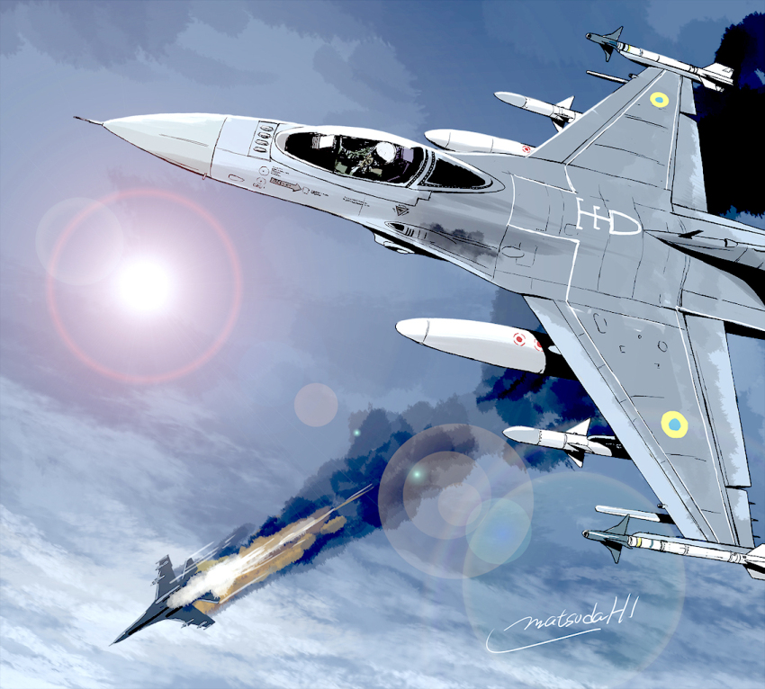 1boy aerial_battle aim-9_sidewinder aircraft airplane artist_name battle cloud commentary dogfight external_fuel_tank f-16_fighting_falcon fighter_jet fire flying matsuda_juukou military military_vehicle missile original pilot russian_air_force russo-ukrainian_war shot_down sky smoke su-35 sun_glare ukrainian_air_force vehicle_focus