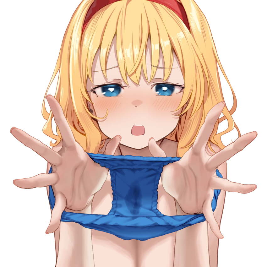 1girl alice_margatroid blonde_hair blue_bra blue_eyes blue_panties blush bra breasts cleavage commission frown hairband highres holding holding_panties holding_underwear holding_unworn_clothes large_breasts large_variant_set looking_at_viewer medium_hair mokumokuren_(atariya_kyoushitsu) open_mouth panties pixiv_commission presenting_removed_panties red_hairband simple_background solo stained_panties touhou underwear variant_set white_background