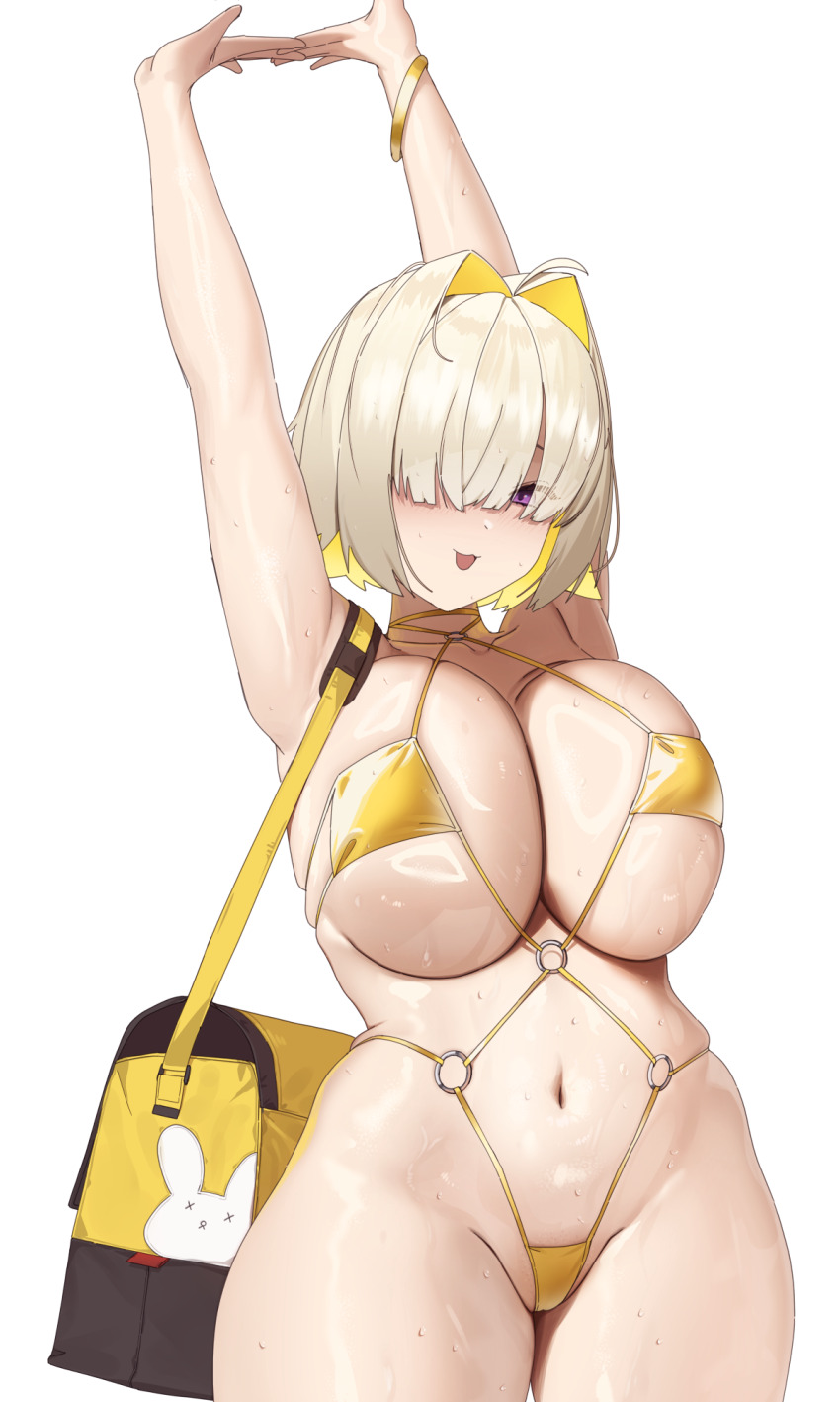 1girl arms_up bag bikini blonde_hair bracelet breasts colored_inner_hair commentary_request elegg_(nikke) goddess_of_victory:_nikke gold_bikini gold_bracelet gold_choker golden_week hair_intakes hair_over_one_eye handbag highres huge_breasts jewelry korean_commentary micro_bikini multicolored_hair navel o-ring o-ring_bikini open_mouth purple_eyes revealing_clothes short_hair simple_background skindentation slingshot_swimsuit solo stomach stretching swimsuit tachibana-san wet white_background yellow_bikini yellow_slingshot_swimsuit