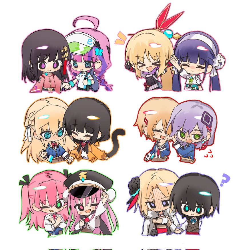 6+girls ahoge aikawa_megumi aoi_erika apron aqua_eyes asakura_karen_(heaven_burns_red) black_hair blonde_hair blue_hair blue_jacket blush bow braid breasts bun_cover chibi chibi_only clover_hair_ornament date_akari double_bun flower frilled_apron frills fur_trim glasses green_eyes grey_hair hair_bun hair_flower hair_ornament hair_over_one_eye hair_over_shoulder hair_stick hairclip half_up_braid happy hat heaven_burns_red highres holding_hands hood hood_up jacket kanzaki_adelheid kayamori_ruka kunimi_tama long_hair long_sleeves low-tied_long_hair military_hat minase_ichigo multicolored_hair multiple_girls necktie nikaidou_misato pink_eyes pink_hair ponytail puffy_short_sleeves puffy_sleeves purple_eyes purple_hair red_bow red_necktie ribbon round_eyewear satsuki_mari shirt short_hair short_sleeves sidelocks skirt sportswear streaked_hair tassel tassel_hair_ornament tennis_uniform toujou_tsukasa twin_braids twintails two_side_up very_long_hair vest visor_cap white_background white_ribbon white_shirt wide_sleeves wuubaiwan yuri