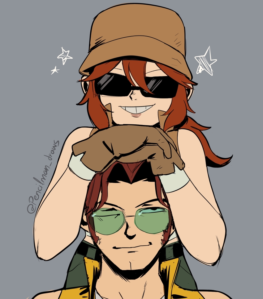 1boy 1girl brown_gloves brown_hair brown_hat brown_vest cleft_chin commentary eyewear_switch fio_germi glasses gloves green-tinted_eyewear grin hands_on_another&#039;s_head hat highres leaning_on_person metal_slug one_eye_closed pencilman_draws smile star_(symbol) sunglasses tarma_roving tinted_eyewear twitter_username vest yellow_vest