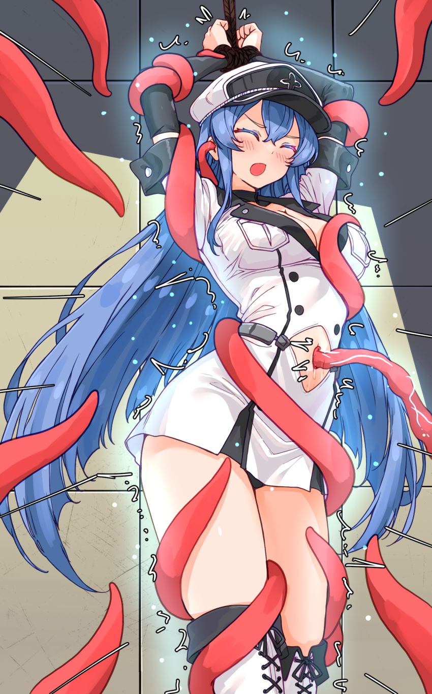 1girl akame_ga_kill! arms_up bakasp-lilzy black_choker black_panties blue_hair blush bound bound_wrists breasts choker cleavage closed_eyes closed_mouth clothing_cutout dress energy_drain esdeath hat highres large_breasts long_hair military_hat navel_cutout navel_insertion open_mouth panties pantyshot peaked_cap rape restrained rope short_dress solo tentacle_in_bellybutton tentacle_in_navel tentacles thighhighs thighs tile_wall tiles trembling underwear very_long_hair white_dress white_hat white_thighhighs