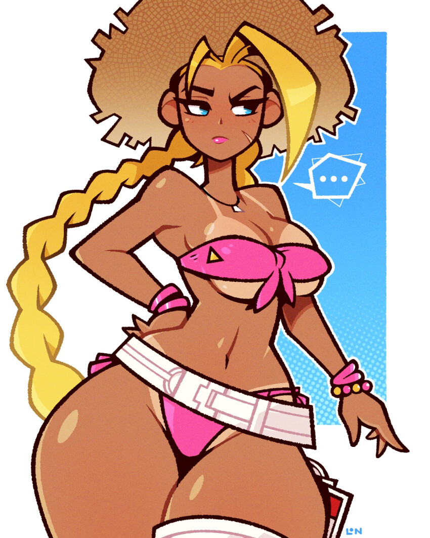 bikini blonde_hair blue_eyes braid breasts cammy_white highres large_breasts legendofnerd long_hair looking_to_the_side multicolored_hair pink_bikini scar scar_on_face serious streaked_hair street_fighter street_fighter_6 swimsuit tan tanline very_long_hair wide_hips