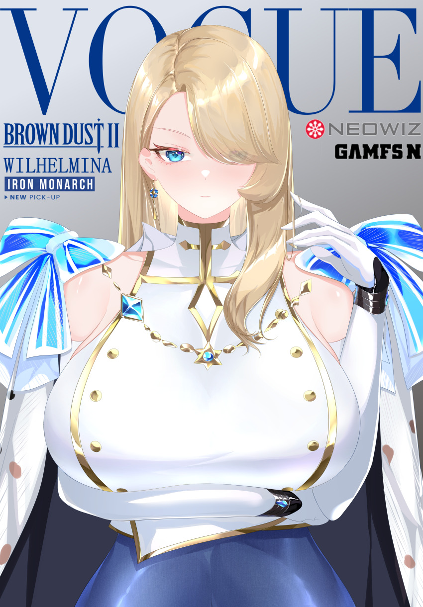 1girl absurdres bare_shoulders blonde_hair blue_eyes blue_gemstone breasts brown_dust_(series) brown_dust_2 buttons character_name coat coat_on_shoulders collarbone copyright_name cover double-breasted earrings elbow_gloves english_text eyes_visible_through_hair fake_magazine_cover gem gloves gold_trim highres huge_breasts jewelry looking_at_viewer magazine_cover solo text_background upper_body white_coat white_gloves wilhelmina_(brown_dust) wilhelmina_bd2