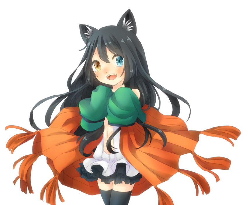 1girl alchemist_(ragnarok_online) alternate_color animal_ear_fluff animal_ears black_hair black_thighhighs blue_eyes blush cape cat_ears cat_girl commentary_request cowboy_shot detached_sleeves dress frilled_dress frills green_sleeves heterochromia long_hair looking_at_viewer meiko_(nattu303) navel open_mouth orange_cape plunging_neckline ragnarok_online simple_background smile solo thighhighs white_background yellow_eyes