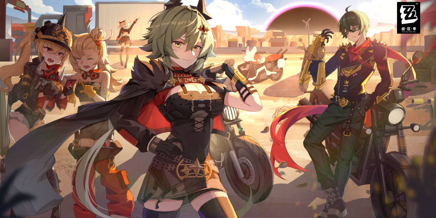 1boy 4girls absurdres ahoge black_gloves black_hair blonde_hair breasts burnice_white caesar_king_(zenless_zone_zero) chinese_commentary cleavage closed_mouth cloud cloudy_sky combat_helmet desert detached_pants fang fur-trimmed_jacket fur-trimmed_shorts fur_trim gloves goggles goggles_around_neck green_hair hair_bun hand_on_own_hip helmet highres hollow_(zenless_zone_zero) jacket jacket_on_shoulders lackerlin large_breasts leaning_on_object lighter_(zenless_zone_zero) long_hair luciana_de_montefio mask mask_around_neck midriff motor_vehicle motorcycle multiple_girls open_mouth pickelhaube piper_wheel power_fist red_eyes red_scarf scarf shorts side_ponytail skindentation sky small_breasts smile spiked_jacket sunglasses thighhighs truck very_long_hair yellow_eyes yellow_gloves zenless_zone_zero