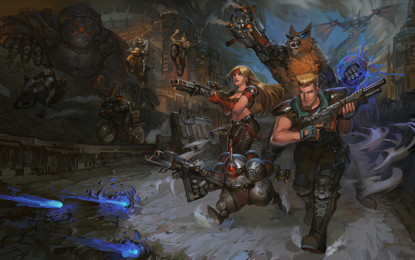 1girl 2boys aircraft alien arm_cannon army battle blonde_hair body_armor boots brad_fang browny bullet_hole chasing cityscape commentary contra contra_hard_corps copyright_name cyborg damaged dirty dust energy energy_gun english_commentary fangs fingerless_gloves firing flying gameplay_mechanics gloves gun highres holding holding_weapon konami long_hair mecha mechanical_arms monster motor_vehicle motorcycle multiple_boys mutant one-eyed ray_poward realistic robot ruins running science_fiction sheena_etranzi short_hair shotgun single_mechanical_arm size_difference smoke spacecraft sunglasses weapon werewolf when_you_see_it zeusdex