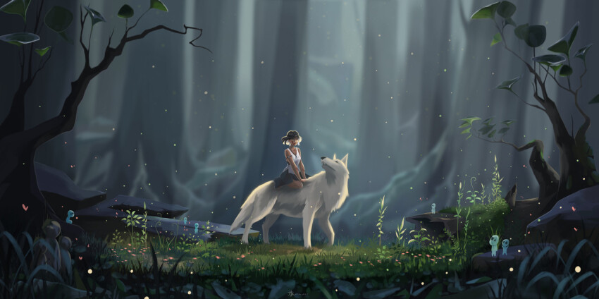 1girl armlet backlighting blue_skirt blurry blurry_background brown_hair commentary day english_commentary facepaint flower forest grass gthlart headband jewelry kodama light_rays looking_at_viewer medium_hair mononoke_hime moro_no_ichizoku nature necklace red_flower riding riding_animal rock san_(mononoke_hime) scenery shirt skirt sleeveless sleeveless_shirt solo sunbeam sunlight tooth_necklace tree white_shirt white_wolf wolf