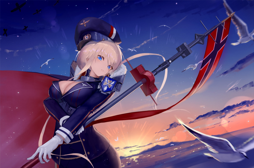 1girl azur_lane bird bismarck_(azur_lane) bismarck_(coat_of_arms) black_hat black_jacket black_skirt blonde_hair blue_eyes breasts cape cleavage cloud cross dutch_angle flag from_below fur-trimmed_cape fur_trim gloves hat highres holding holding_flag iron_cross jacket large_breasts long_hair long_sleeves looking_at_viewer military military_uniform ocean peaked_cap shigma skirt solo sunset white_bird white_gloves
