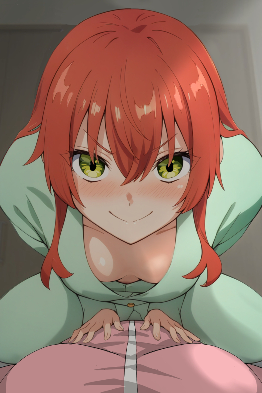 2girls bedroom blush bocchi_the_rock! breasts commentary_request downblouse extended_downblouse female_pov good_morning_my_brother_(meme) gotoh_hitori green_eyes hands_on_another&#039;s_stomach highres indoors jacket kita_ikuyo large_breasts leaning_forward long_hair looking_at_viewer medium_breasts meme multiple_girls no_bra parody pink_jacket pov red_hair ryuhirohumi scene_reference sitting sitting_on_person smile straight-on tokidoki_bosotto_roshia-go_de_dereru_tonari_no_alya-san track_suit v-shaped_eyebrows yuri