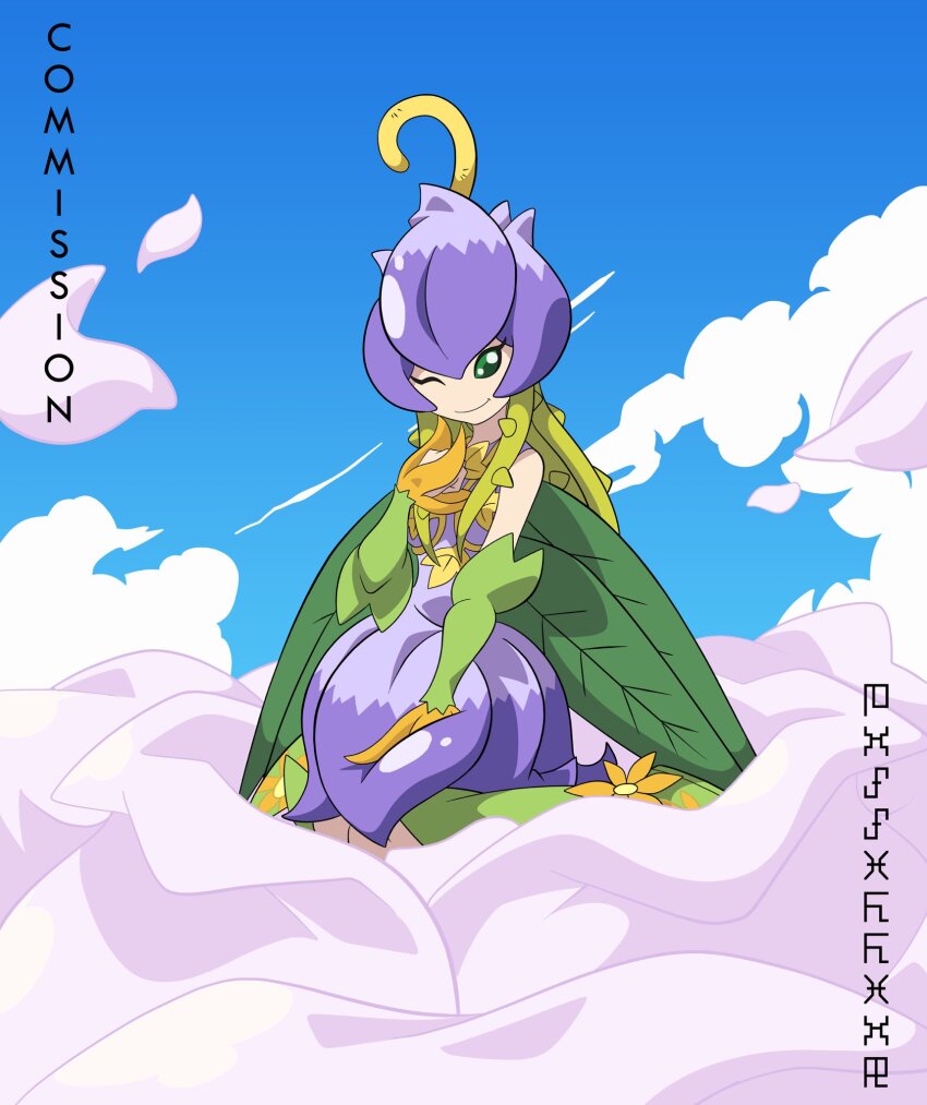 1girl digimon digimon_(creature) female_focus highres lilimon officialseraphimon one_eye_closed oridigi original smile solo wink