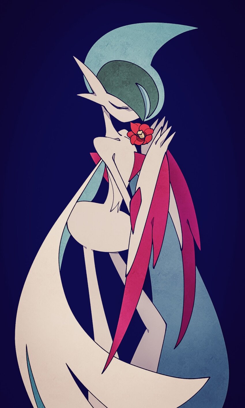1other arm_blade blue_background cape closed_eyes colored_skin facing_to_the_side flower gallade gen_4_pokemon green_hair high_contrast highres holding holding_flower mega_gallade mega_pokemon mohawk nintendo own_hands_together pokemon pokemon_(creature) pokemon_focus red_flower solo umi-be-to vignetting weapon white_cape white_skin wide_hips